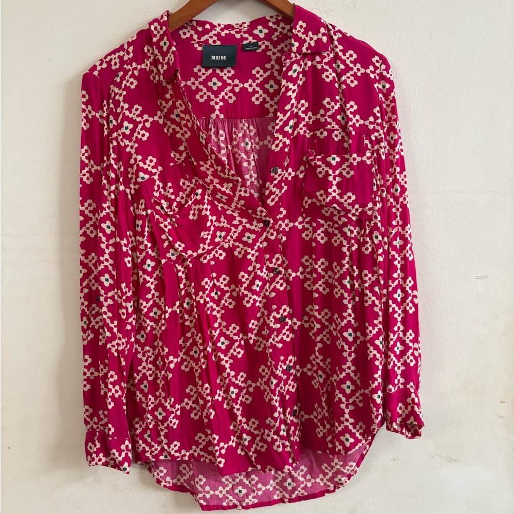Maeve Anthropologie Womens Size 8 Pink Floral Geo Printed Button Down Blouse - Picture 3 of 4